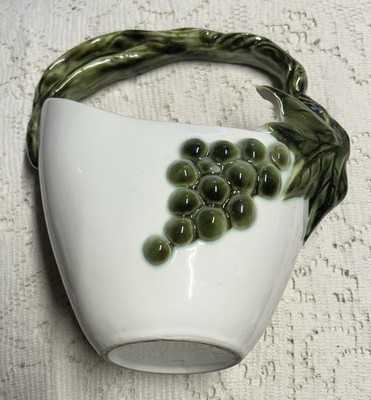 Vintage MCM Hull Tokay Art Pottery Basket Vase White Green Grapes 8'' USA 1950s