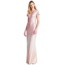 Adrianna Papell Ombre Sequin Gown Dress Blush Pink Short Sleeve V-Neck Size 2