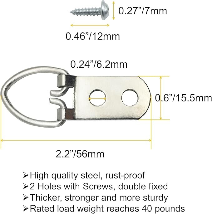 20 Pack D-Ring Picture Hangers Heavy Duty Steel with Screws for Frames & Artwork