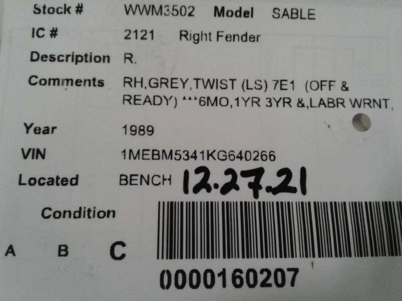 Passenger Right Fender Fits 89-91 SABLE 1499593 Foto 4 de 4