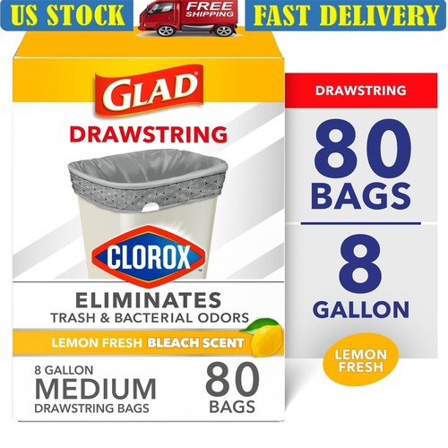 Clorox Drawstring Trash Bags 8 Gallon Odor Control Lemon Scent 80 Count New