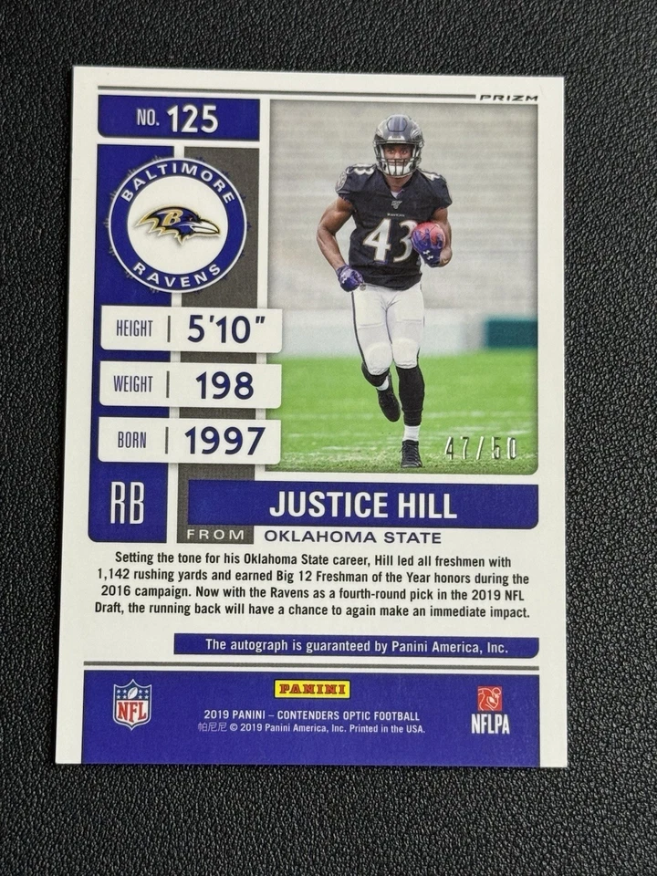2019 Contenders Optic Justice Hill Rookie Orange Prizm Auto RC 47/50 #125 Ravens - Image 2 of 3