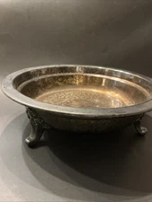 Vtg 11” Ornate Scroll Silver  Plate Tarnished Bowl 3 Ornate Feet 3.5” High