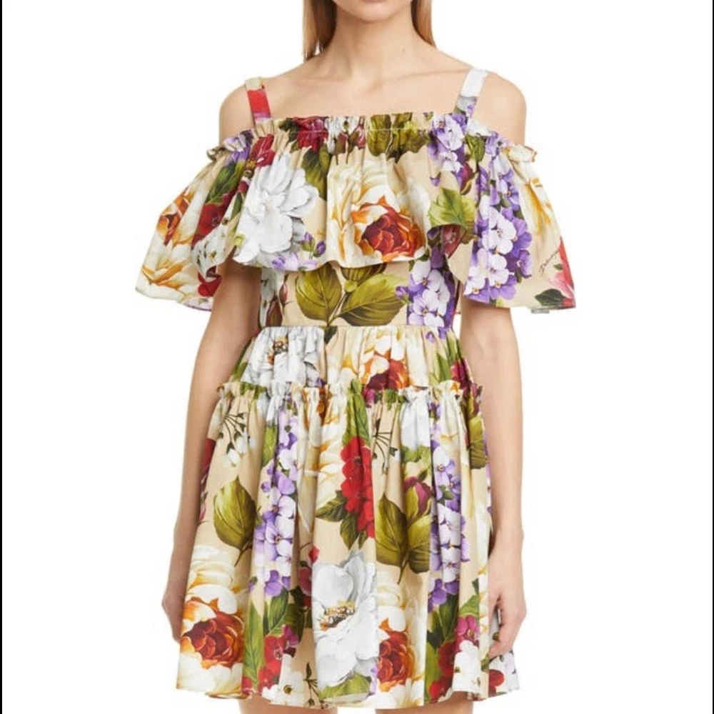 Dolce Gabbana — NEW DOLCE & GABBANA  Cold Shoulder Ruffled Floral Print DRESS SIZE 46 $1600