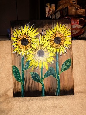 Hand Painted Acrylic On Wooden Canvas 3 Sunflowers In FrontFence 11 X 14 Artwork
