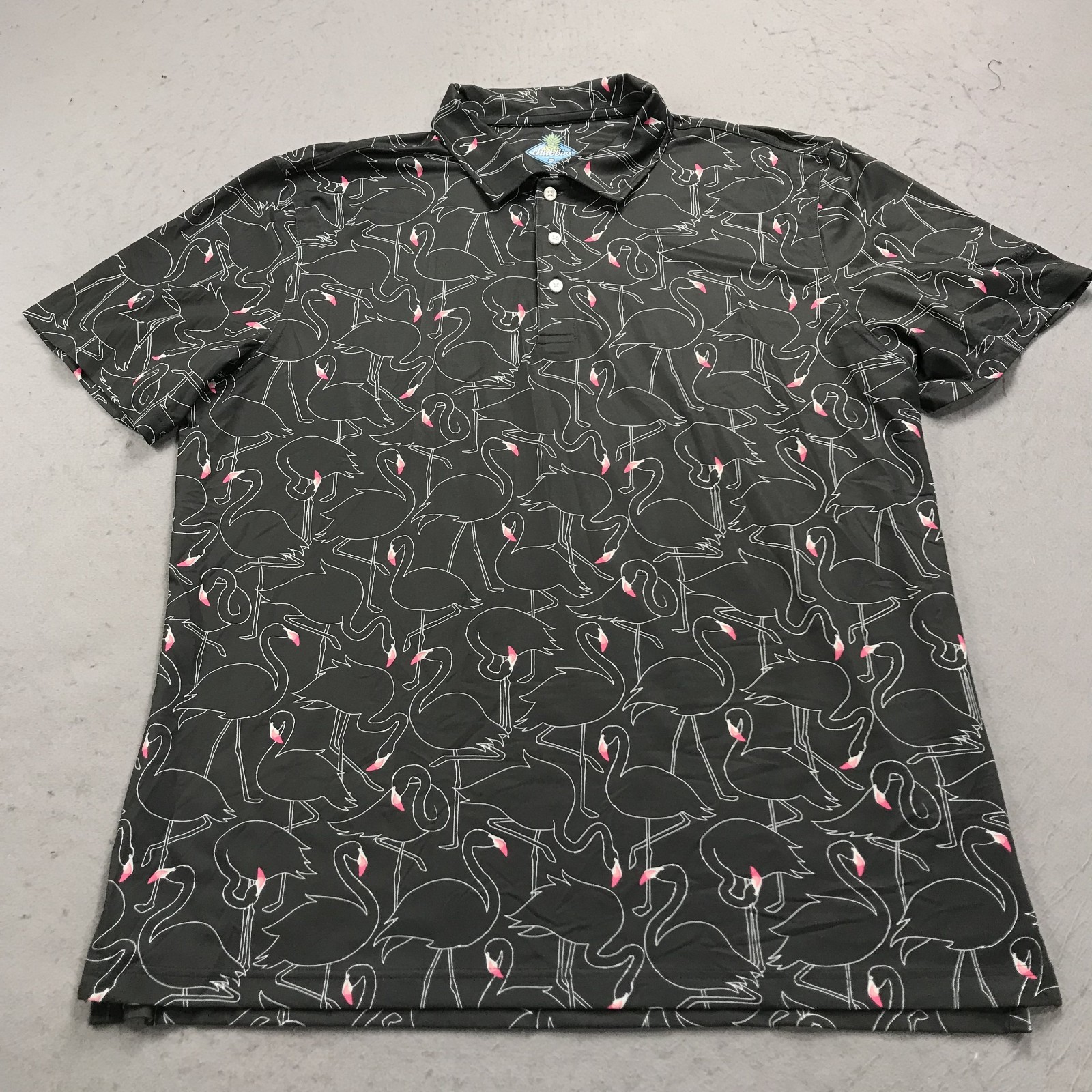 Chubbies Golf Polo Shirt Mens XL Gray Flamingo Stretch Floral Abstract Loud Logo