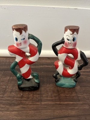 VTG Japan Anthropomorphic Christmas Candy Cane People Wink Salt & Pepper Shakers