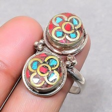 Red Coral Tibetan Turquoise Handmade Gift Jewelry Nepali Adjustable Ring SR 3072