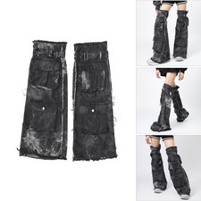 Black Denims Leg Covers Punk Buckled Strap Flared Leg Warmer for Music Festivals