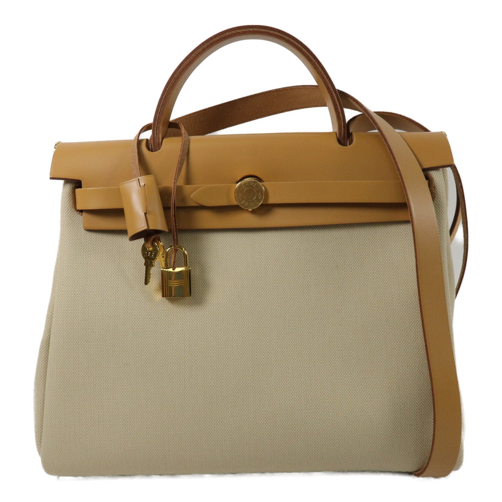 HERMES PHW Herbag PM 2 Way Shoulder Bag Handbag Canvas Fauve
