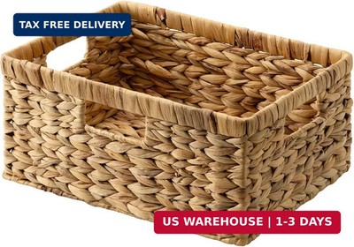 Large Rectangular Wicker Basket, Water Hyacinth Storage Basket with Built-in Han