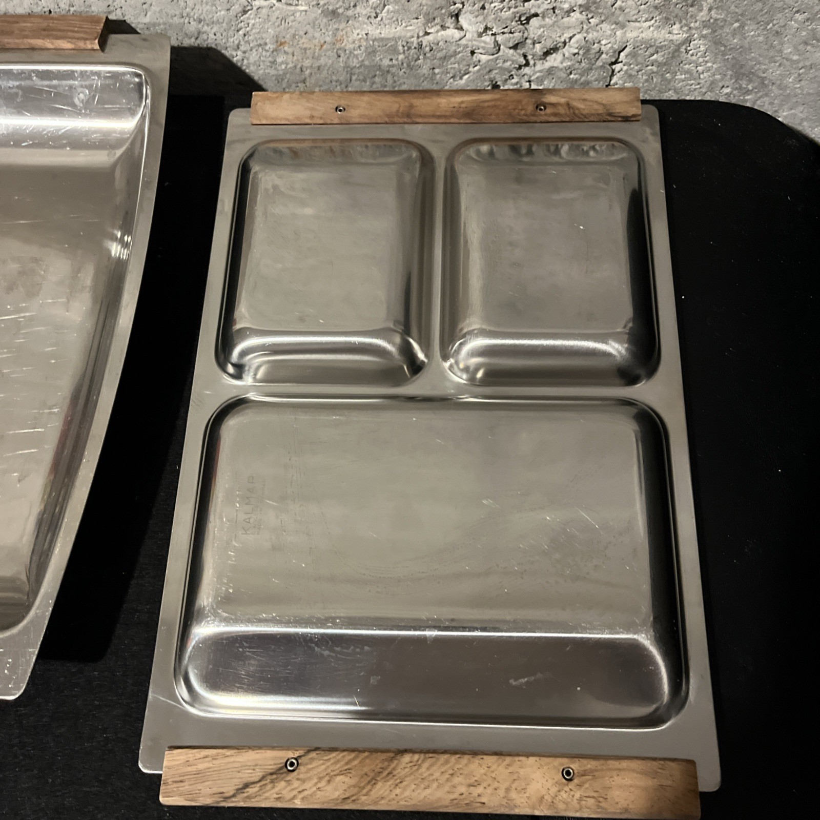 MCM Vtg Kalmar Stainless Steel & Teak Wood Serving Trays + Lid - 3 Piece Set