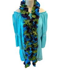 Fancy Ruffeled Scarf 70 Inch Blue Purple Green Flower Lay Spring Party Events