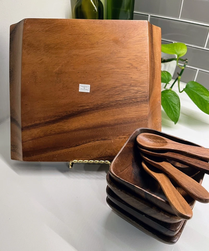 Juego de 9 bandejas de condimentos de madera de acacia con 4 cuencos 4 cucharas y bandeja Foto 3 de 4