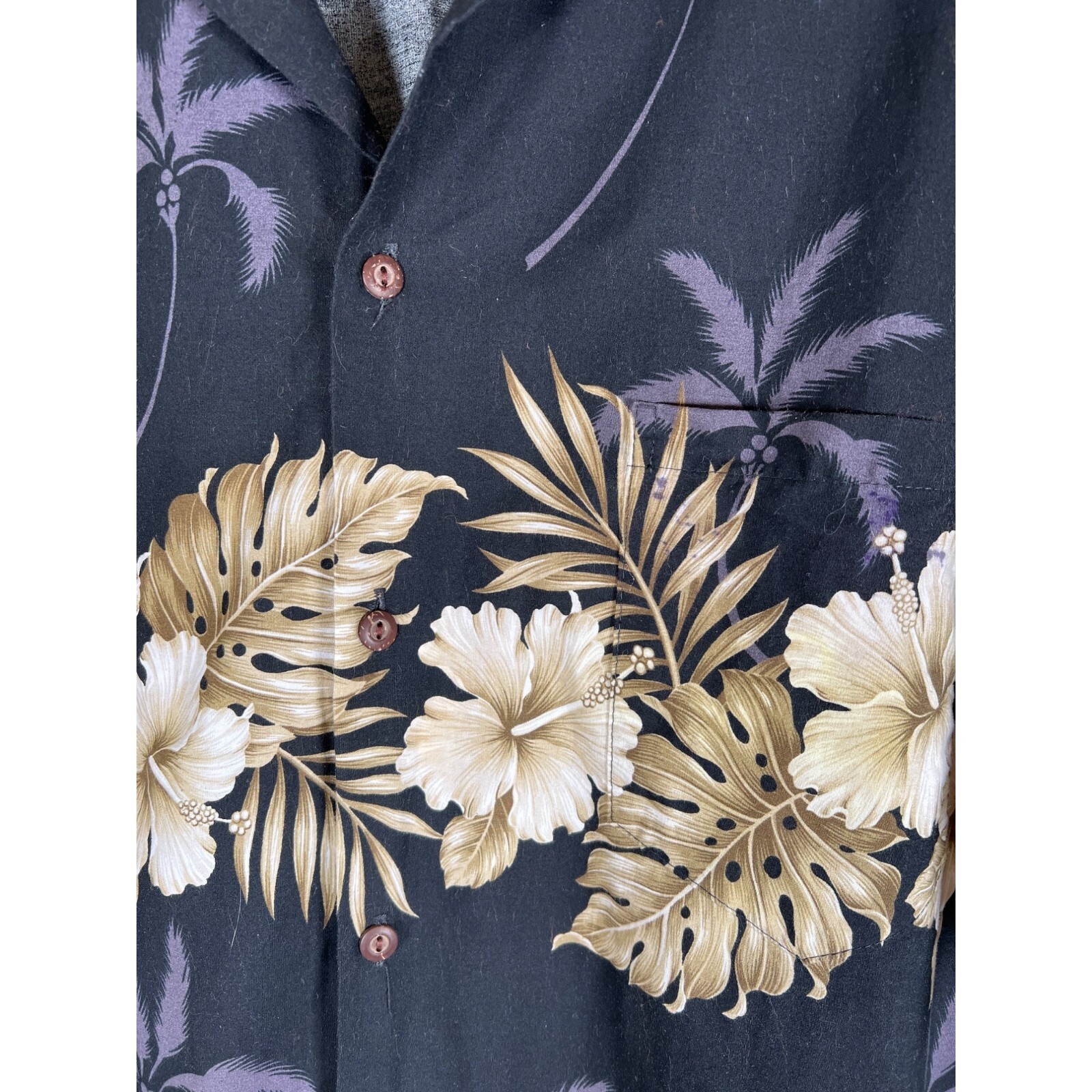 Camicia nera KYs Hawaiian da uomo taglia XL con bordo in fila di ibisco sul petto e sulla manica