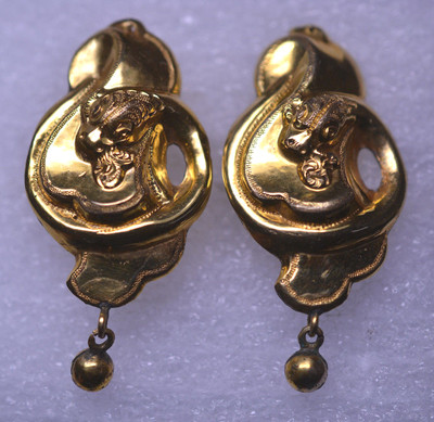 ANTIQUE VICTORIAN GOLD FILLED DORMEUSE EARRINGS WITH FIRE BREATHING DRAGON  FACE