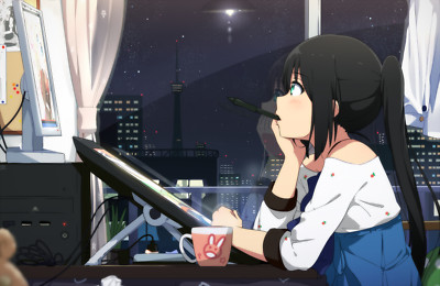 Anime girls ogipote ponytail black hair night sky playmat gaming mat