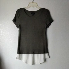 Ab Studio Womens Tunic Top S Olive green Ribbed Mixed media Short sleeve Knit