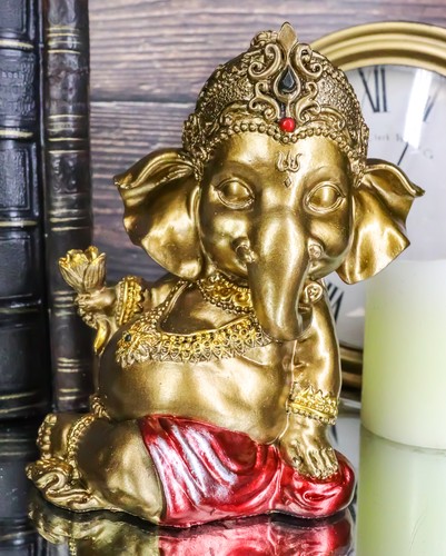 Vastu Hindu Elephant God Baby Ganesha Ganapati Holding Lotus Flower Figurine - 第 10/10 張圖片