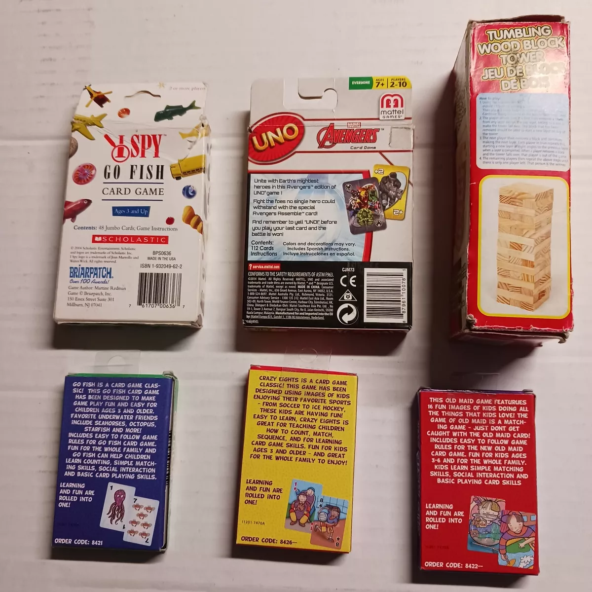 Travel Game Lot Of 6. Uno, Old Maid, Crazy 8's, Jenga (Off Brand) 2 Dif Go  Fish