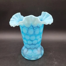 Vintage Fenton Coinspot Dot Blue Opalescent Tri-fold Crimped Ruffled Glass Vase