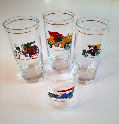 Vintage Sammelgläser Oldtimer Goldrand Benz Rolls Royce Tatra De Dion Bouton
