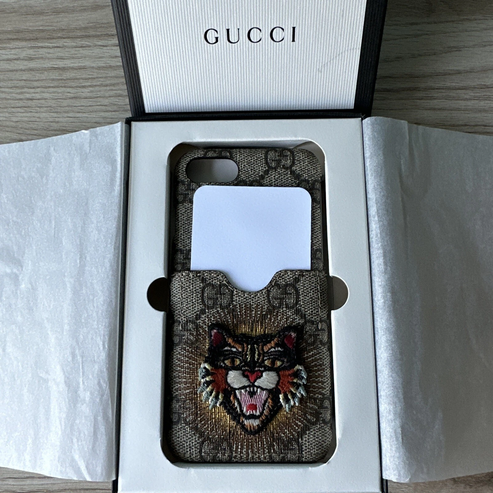 Étui téléphone Gucci GG Supreme Angry Cat monogramme patch tigre porte carte neuf avec étiquette