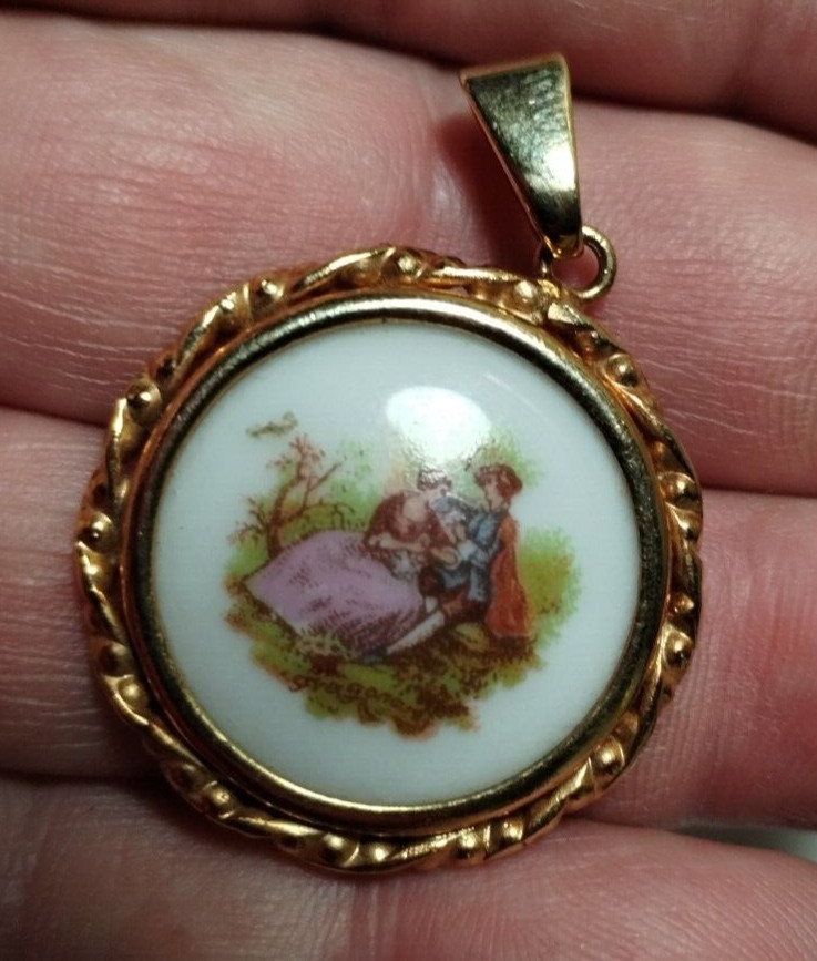 Vintage Limoges Courting Couple Pendant Gold Tone