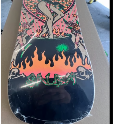 Hi, I have an original Santa Cruz Salba Witch Doctor deck, with what I think at Tracker trucks and what I know are cut down Bones wheels (I put them on a