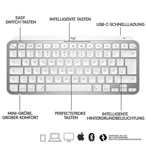 Logitech MX Keys Mini for Mac, Kabellose Tastatur, Grau - Photo 2/4