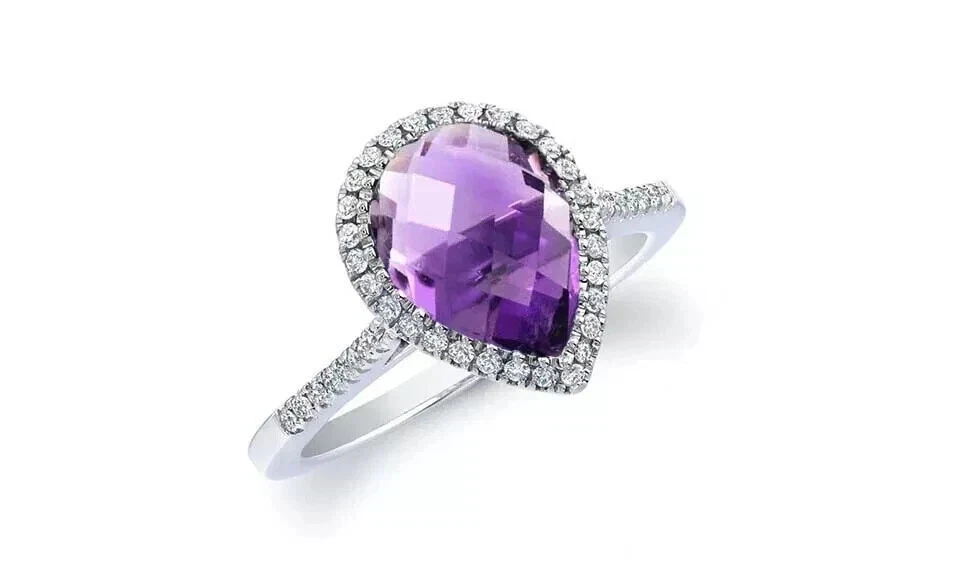 Anillo de compromiso para mujer de amatista creada en laboratorio corte pera de 3 quilates acabado oro blanco de 14 quilates Foto 2 de 4