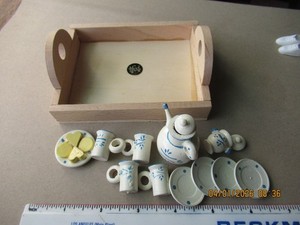 Tea Set miniature wood 14 pcs blue trim