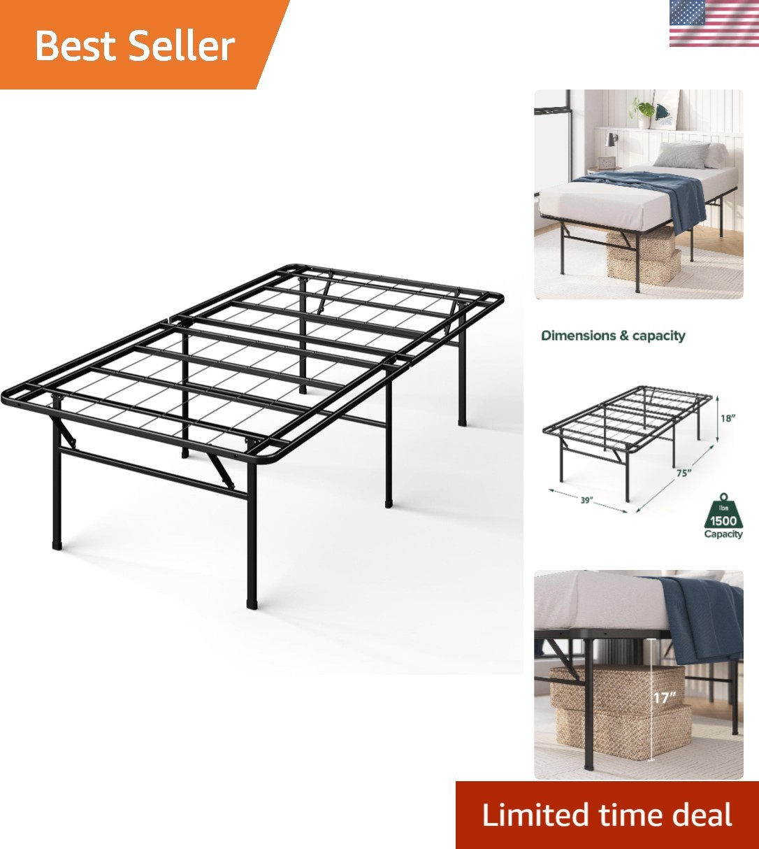 SmartBase Heavy Duty Mattress Foundation, 18 Inch Metal Plat