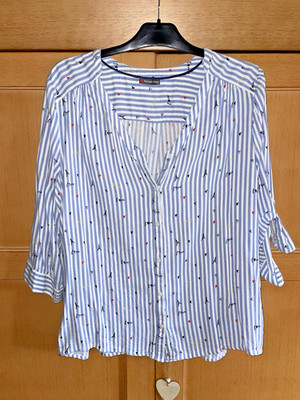 Street One Viskose Streifen Bluse Paris Love Herzchen 44 L weiss hellblau neuw.