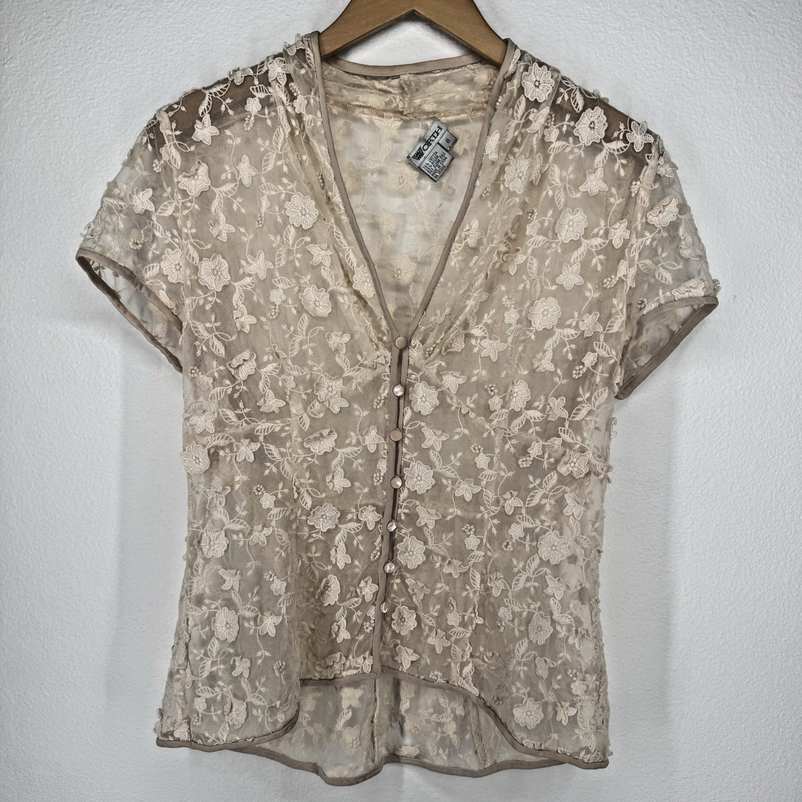 Vintage Sheer Top Womens 6 Boho Cottage Lace Embroidered Button Up Fairy Grunge