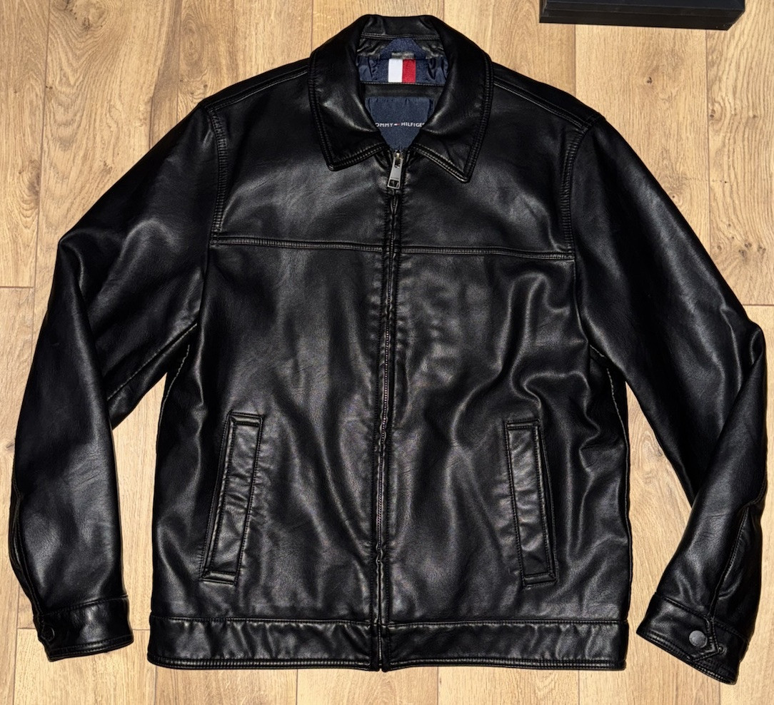 Tommy Hilfiger Mens Black Faux Leather Quilted Lined Zip Jacket Medium