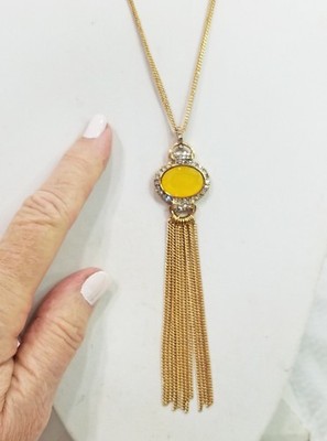 Signed Charming Charlie Yellow Cabochon Crystal Oval Pendant & Fringe Necklace