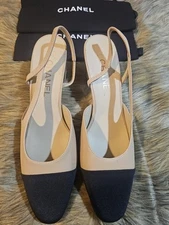Chanel Slingback Classic Pumps Leather Beige Tan Black EU38 US7.5
