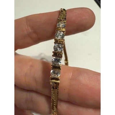 Gold Tone Herringbone Chain Bracelet Clear Round Cubic Zirconia 7 Inch Vintage - Image 1 of 4