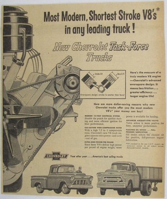 Vintage 1955 Chevrolet Task Force Pickup Truck Newspaper Print Ad