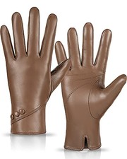 Genuine Sheepskin Leather Gloves For Women, Winter Warm Medium Khaki