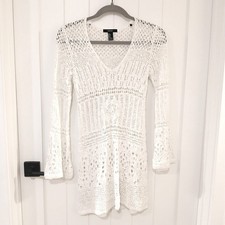 Forever 21 Lace Dress Women Small White Crochet Knit Long Sleeve Beach Cover Up