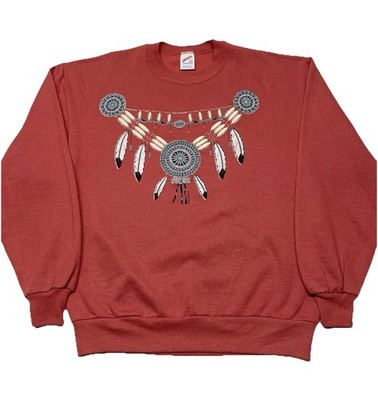 VTG 90s Terracotta Native American Beadwork Feather Indian Print Sweatshirt Sz L