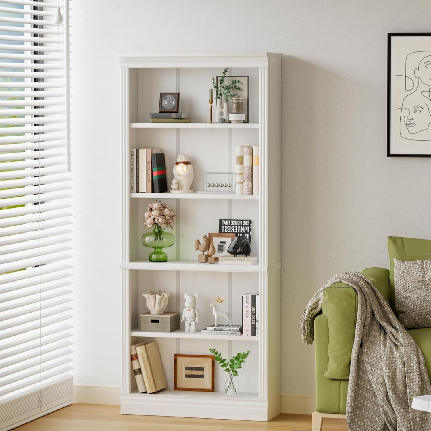 72" 5-Tier Wood Bookcase - Tall White Bookshelf for Living Room & Office