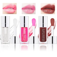 3PCS Lip Oil Set, Hydrating Lip Glow Oil Lip Plumper Gloss, Tinted Lip Oils Tran
