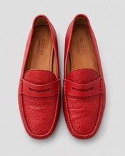 Authentic Gucci Signature Guccisima Leather Driver Loafers: Red Moccasins Size 9