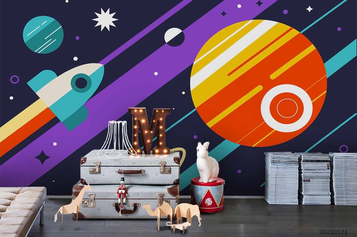 3D Space Rocket Planet Illustration Wall Murals Wallpaper Murals Wall Sticker