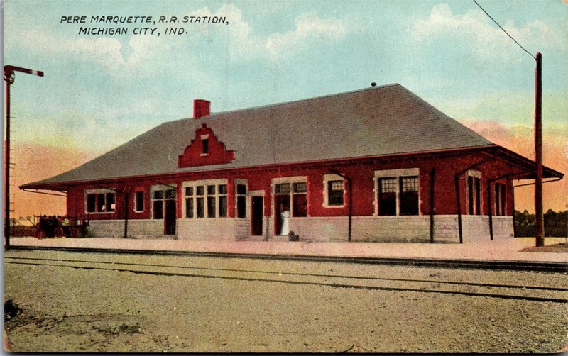 Postcard Pere Marquette Railroad Train Station Michigan City Laporte County 1911