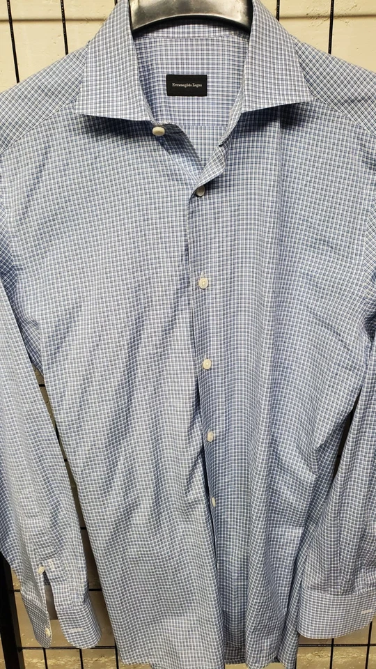 Ermenegildo Zegna Mens Size M Blue Squares Cotton Long Sleeve Dress Shirt MINT - Image 3 of 4