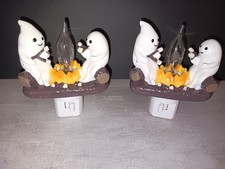 2 Decorative Halloween Ghosts Roasting Marshmallows Fire Flickering Nightlights